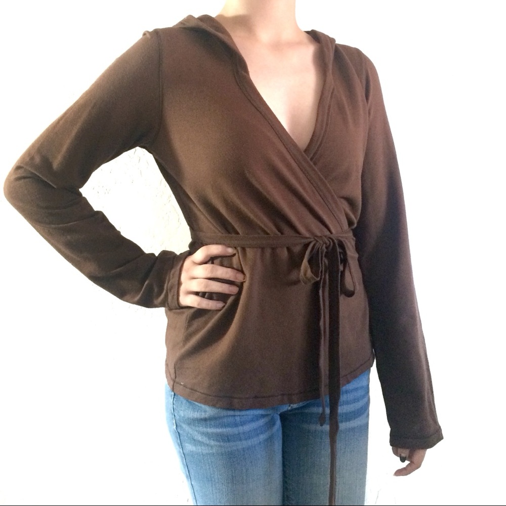 Splendid Wrap Tie Front Sweatshirt Hoodie Brown M